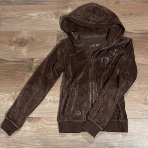 Y2K Brown Velvet Zip-Up Hoodie –  Detailed Vintage 2000s Style